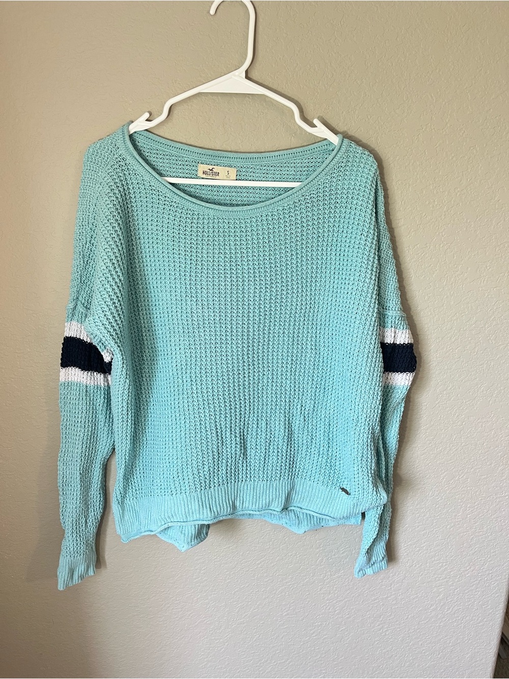 Hollister Small Aqua Open Knit Sweater Navy White Varsity Stripe Y2K Coastal